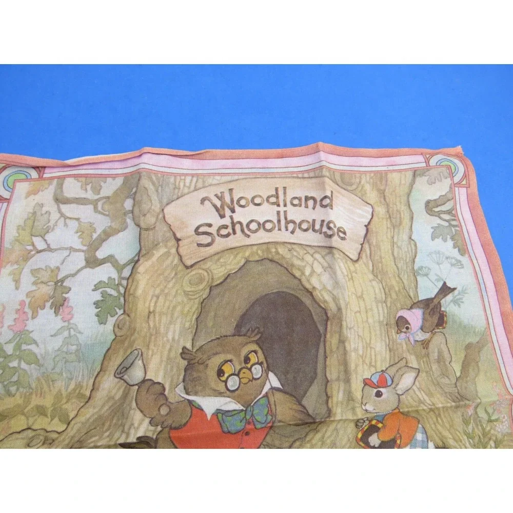 Vintage Carlton Cards Woodland Schoolhouse Fabric Scarf Hankerchief